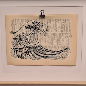 Art print of the big wave off Kanagawa, on antique book page, sea, Japan, water, beach