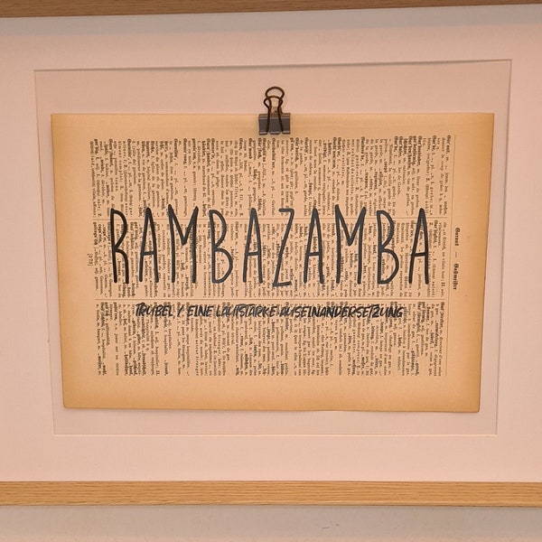 Kunstdruck von dem Schönen Wort Rambazamba auf Antiker Buchseite, Trubel, Sprache, Wort, Vergessen, Laut, Lärm, Auseinandersetzung, Klinsch