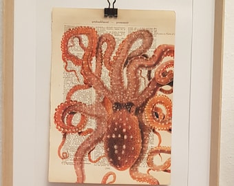 Kunstdruck von einem Oktopus, auf  Antiker Buchseite, Krake, Kraken, Meer, Ozean, Strand, Wellen,