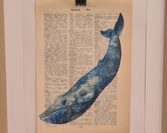 Kunstdruck von einem Wal in Watercolor, auf Antiker Buchseite, Wasserfarbe, Aquarell, Säugetier, Meer, Ozean