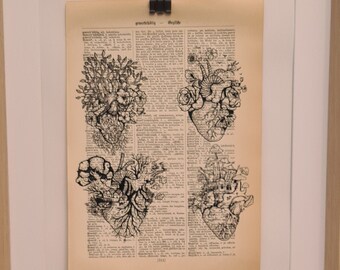 Art print of four different hearts with flowers, house, mushrooms, roots, on antique book page, forest, nature, tree, leaves, sustainable