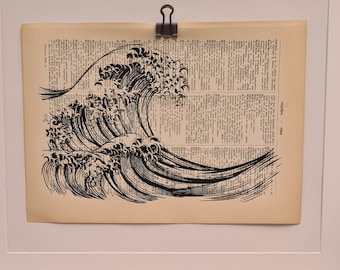 Art print of the great wave off Kanagawa, on an antique book page, sea, Japan, water, beach, vintage, upcycling, sustainable
