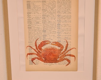 Art print of a crab in Watercolor, on antique book page, watercolor, watercolor, sea, ocean, crab, rocks