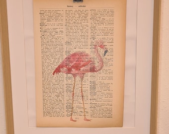 Art print of a flamingo in Watercolor, on antique book page, watercolor, watercolor, bird, pink, fauna