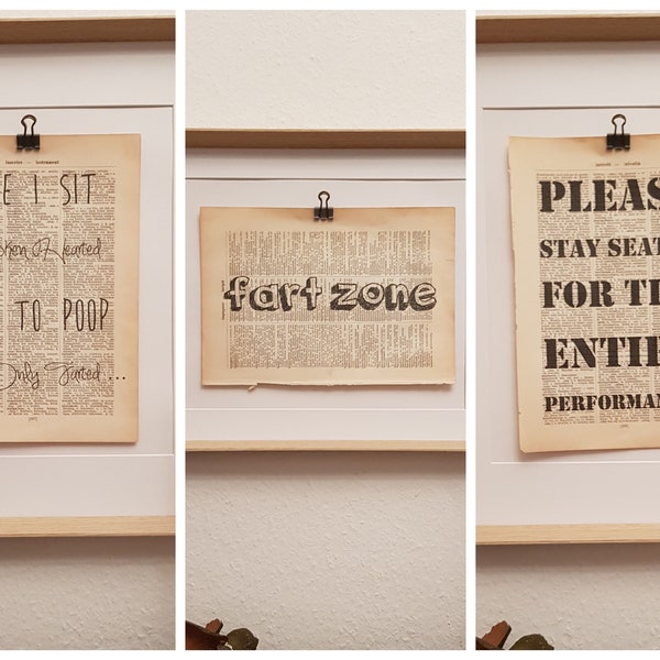 Kunstdruck Set von drei verschiedenen Sprüchen, als Deko für die Klo Wand, auf  Antiker Buchseite