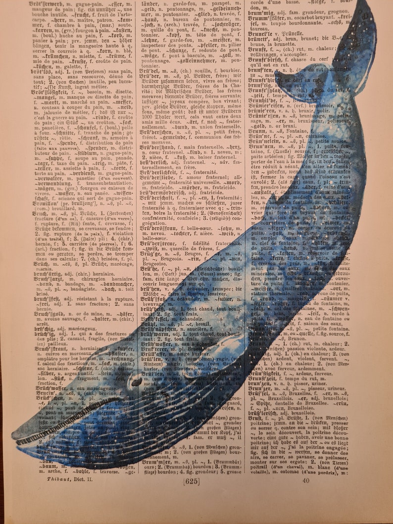 Kunstdruck von einem Wal in Watercolor, auf Antiker Buchseite, Wasserfarbe, Aquarell, Säugetier, Meer, Ozean Bild 2
