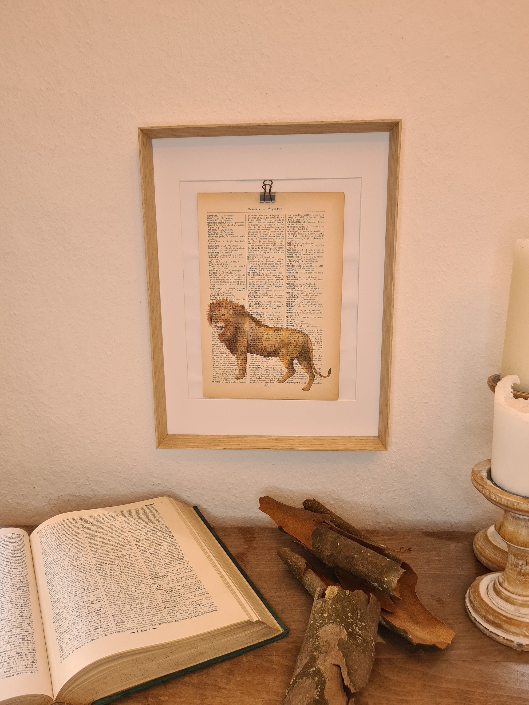 Art print of a lion in watercolor, on antique book page, watercolor, mammal, Africa, pack
