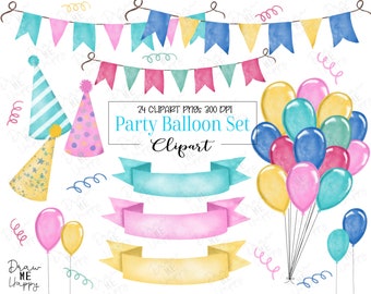 May include: A set of 24 watercolor clipart images featuring party balloons, banners, and party hats in pink, blue, yellow, and green. The clipart is perfect for adding a festive touch to your digital designs.