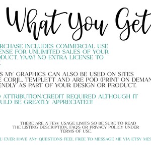 May include: Text graphic with the words "What You Get" in a black cursive font. The text below explains that the purchase includes a commercial use licence for unlimited sales of the product. It also states that the graphics can be used on sites like Corjl and Templett and are print-on-demand friendly. The text concludes by stating that no attribution or credit is required, although it would be greatly appreciated.
