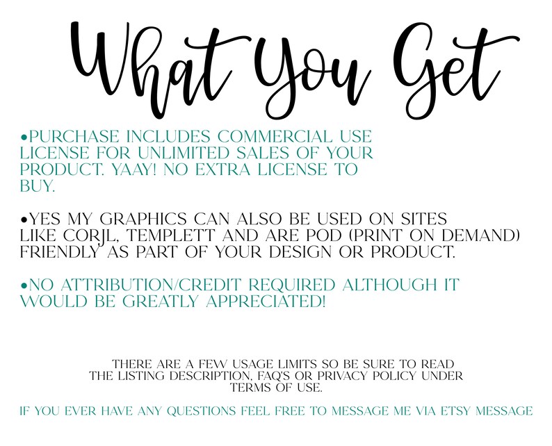 May include: Text graphic with the words "What You Get" in a black cursive font. The text below explains that the purchase includes a commercial use licence for unlimited sales of the product. It also states that the graphics can be used on sites like Corjl and Templett and are print-on-demand friendly. The text concludes by stating that no attribution or credit is required, although it would be greatly appreciated.