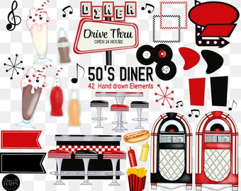 Retro Diner Clipart, &#39;s Diner Clipart, Drive In Clipart, 50&#39;s Clipart, Fifities Diner Clipart, Diner Sign Clipart, Jukebox Clipart, Classic