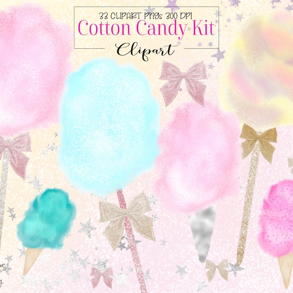 Cotton Candy Clipart, Candy Clipart, Rainbow Digital Paper, Sweets Design Kit, Cotton Candy Glitter, Glitter Clipart,  Commercial Use