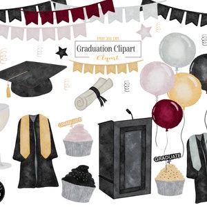 Graduierung Clipart, Aquarell Graduierung Clipart, Graduierung Grafiken, Schul Clipart, Party Clipart, Abschlusskappe, Podium, Diplom