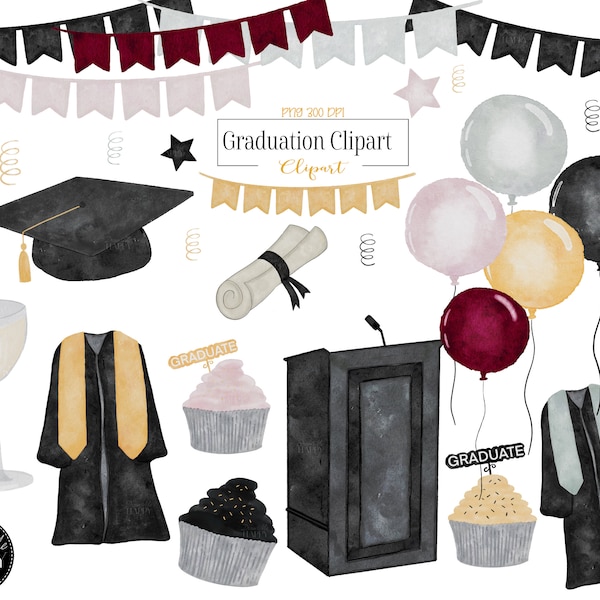 Graduation Clipart, Watercolor Graduation Clipart, Graduation Graphics, School Clipart, Party Clipart, Graduation Cap, Podium, diploma