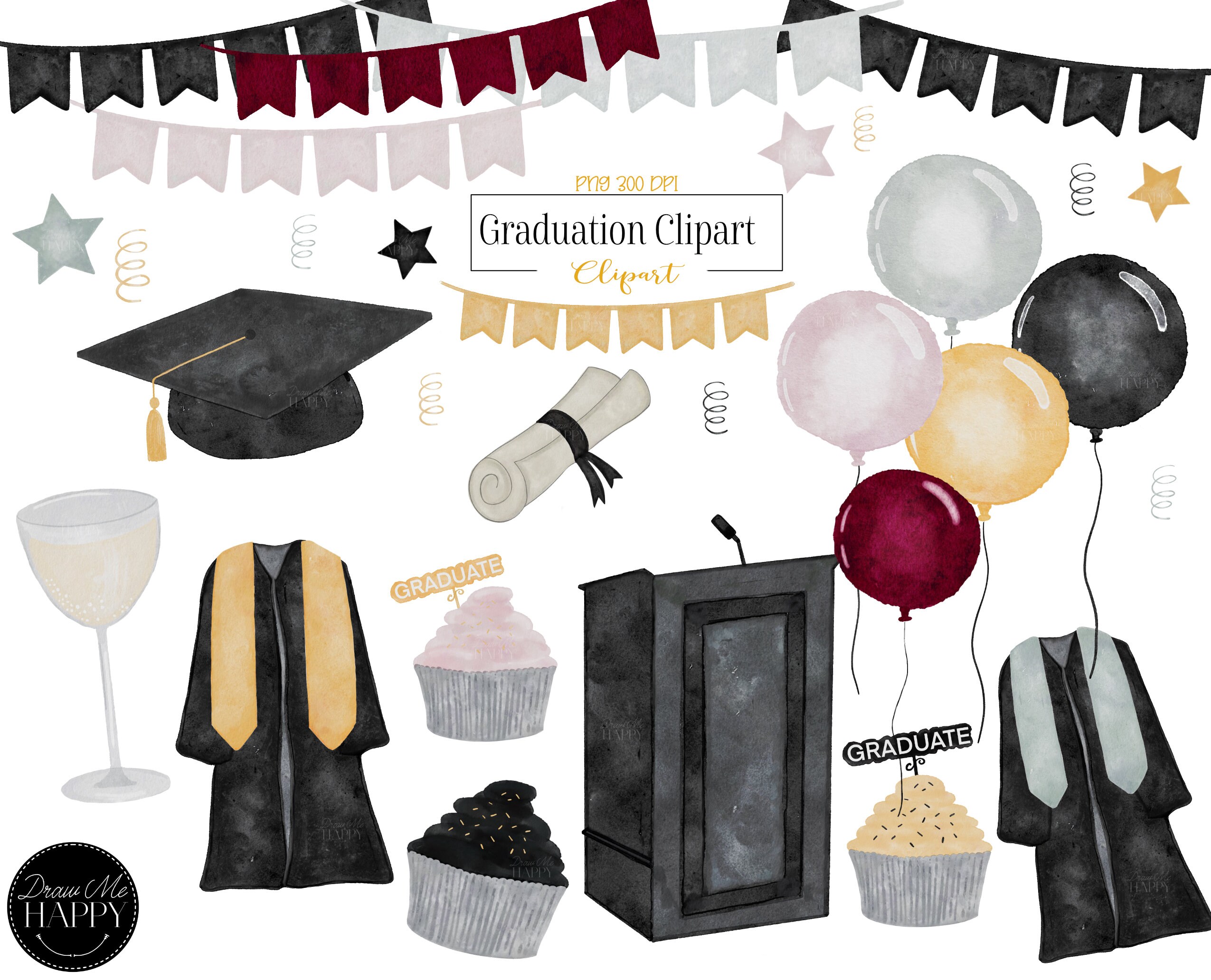 Graduation Clipart, Watercolor Graduation Clipart, Graduation Graphics, School Clipart, Party Clipart, Graduation Cap, Podium, diploma