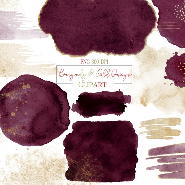 Burgundy And Gold, Burgundy Clipart, Burgundy Watercolor, Logo Elements, Watercolor Design Elements, Gold Design Elements, Brush Strokes