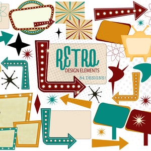 Elementos de design retrô, clipart de letreiro retrô, clipart retrô, designs retrô, letreiro de seta, moldura de letreiro retrô, imagens de letreiro retrô, anos 1950