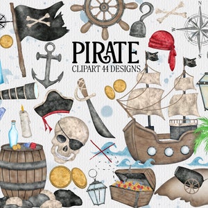 Clipart pirata, piratas em aquarela, clipart de navio pirata, festa pirata, clipart de aventura, clipart de mar, clipart de tesouro, aquarela pirata