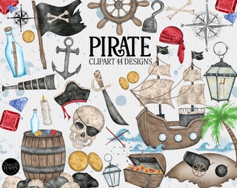 Pirate Clipart, Watercolor Pirates, Pirate Ship Clipart, Pirate Party, Adventure Clipart, Sea Clipart, Treasure Clipart, Pirate Watercolor