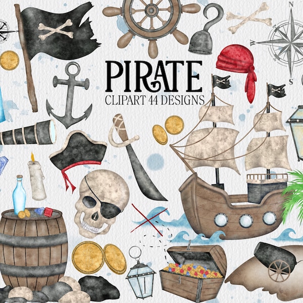 Pirate Clipart, Pirates aquarelle, Pirate Ship Clipart, Pirate Party, aventure Clipart, Clipart mer, Trésor Clipart, Pirate aquarelle