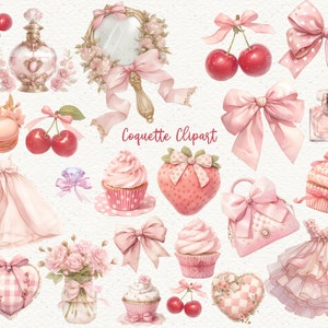 Clipart de coqueta, lazo de coqueta rosa, clipart femenino, Soft Girl Era, Junk Journal, arte de scrapbooking, clipart pastel, planificador digital, estético