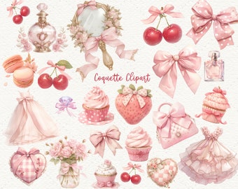 Pink Coquette Clipart Set, Bows, Girly Scrapbooking Art (Digital)