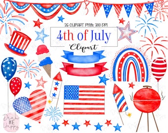 4th Of July Clipart, Watercolor 4th Of July Clipart, Independence Day Clipart, Patriotic Graphics, BBQ Clipart, Fireworks Clipart, Flag png