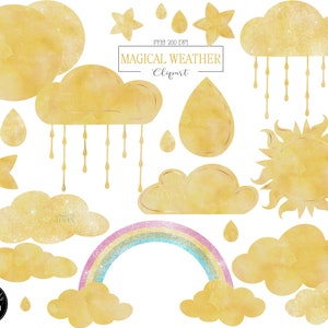 Watercolor Clouds Clipart, Watercolor Rainbow clipart, Sky Clipart, Weather Clipart, Rainbow Clipart, Cloud Clipart, Nursery Clipart, Yellow