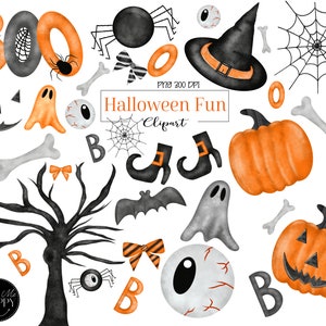 May include: A set of Halloween themed digital clipart featuring a variety of spooky and fun elements, including a ghost, a pumpkin, a spider, a witch's hat, a bat, a tree, and the words "BOO".