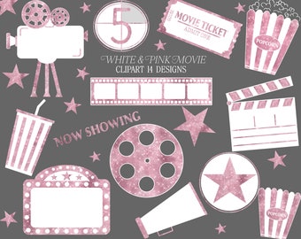 Imágenes prediseñadas de películas en color rosa, ilustraciones de cine (descarga digital)