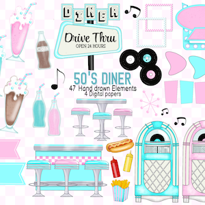50's Diner Clipart, Retro Diner Clipart, Drive In Clipart, 50's Clipart, Fifities Diner Clipart, Diner Sign Clipart, Jukebox Clipart, Pink