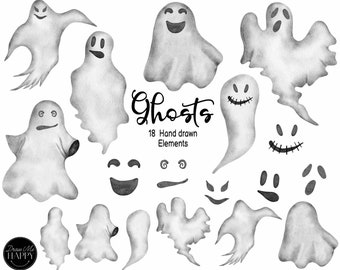 Watercolor Ghost Clipart, Hand-Drawn Halloween Illustration (Digital Download)