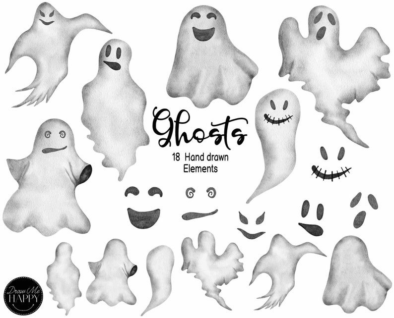 May include: A set of 18 hand-drawn watercolor ghost illustrations in black and white. The ghosts are in various poses and expressions, including smiling, frowning, and surprised. The text "Ghosts" and "18 Hand drawn Elements" is also included in the image.