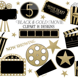 Clipart de filme, clipart de filme preto, carretel de filme dourado, clipart de cinema, clipart de cinema, ilustrações de cinema, arte de filme preto, pipoca