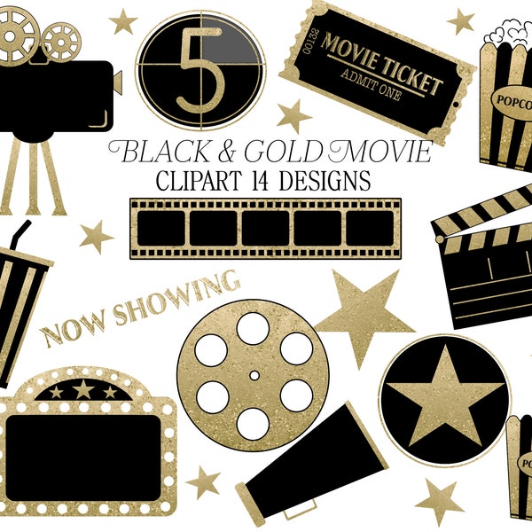 Movie Clipart, Black Movie Clipart, Gold Movie Reel, Movie Theater Clipart, Cinema Clip Art, Cinema Illustrations, Black Movie Art, Popcorn