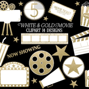 Filmclipart, witte film png, gouden filmrol, bioscoopclipart, bioscoopillustraties, bioscoopillustraties, filmavondclipart, popcorn