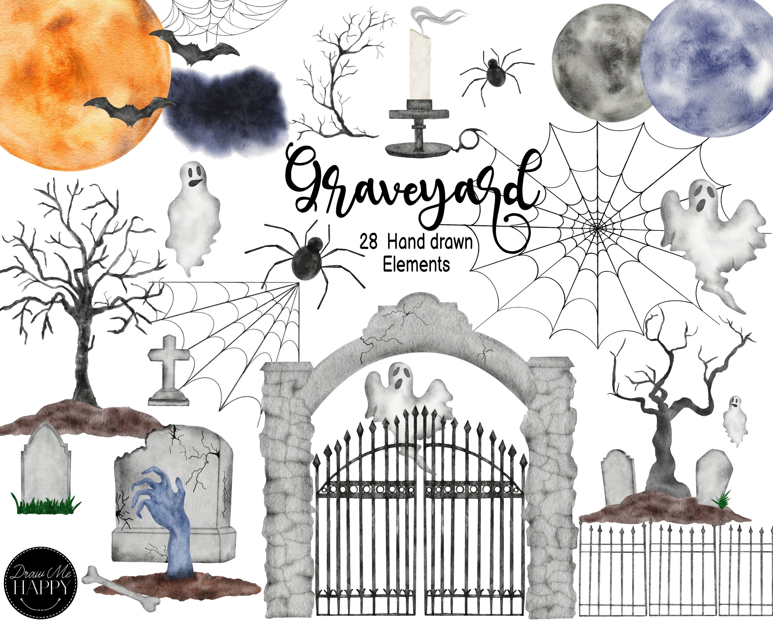 Graveyard Clipart, Cemetery Clipart, Graveyard Watercolor ...