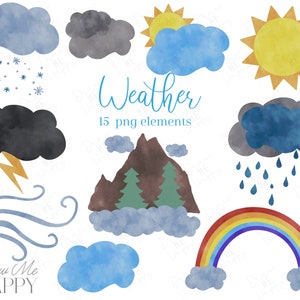 Watercolor Weather Clipart, Cloud Clipart, Rainbow Clipart, Weather Chart For Preschool, Sun, Rain, Lightning, Fog, Wind Clipart, Snow