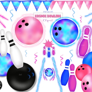 May include: Cosmic bowling clipart featuring pink and blue bowling balls, pins, and confetti. The bowling balls have a galaxy-like design with pink and blue swirls. The pins are also pink and blue with white stripes. The confetti is pink and blue and is scattered around the bowling balls and pins.