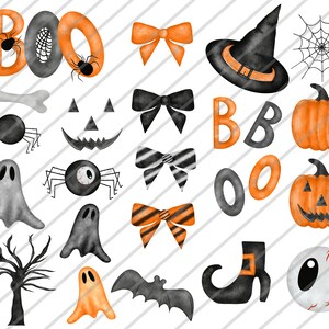 May include: A set of Halloween clip art featuring various spooky and cute elements, including ghosts, pumpkins, bats, spiders, bows, and the words "BOO". The images are painted in a watercolour style with orange, black, and white colours.