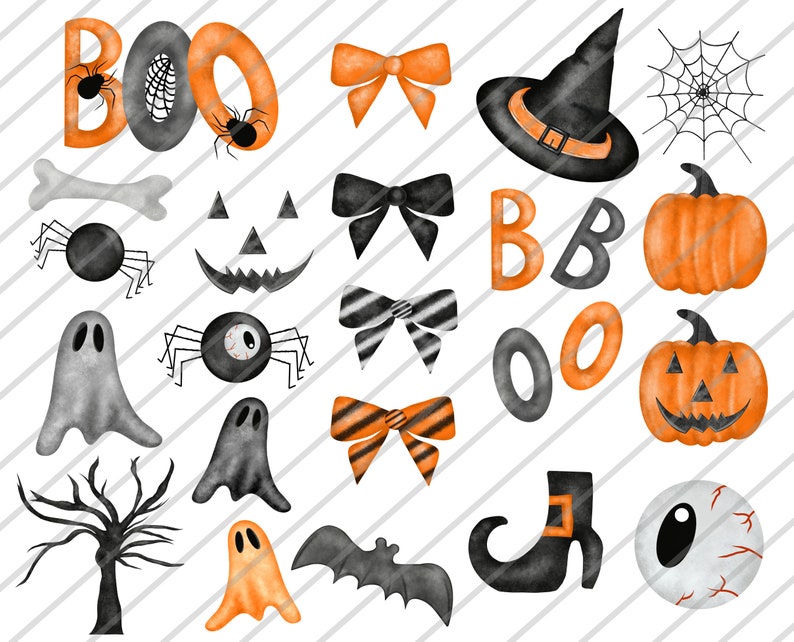 May include: A set of Halloween clip art featuring various spooky and cute elements, including ghosts, pumpkins, bats, spiders, bows, and the words "BOO". The images are painted in a watercolour style with orange, black, and white colours.