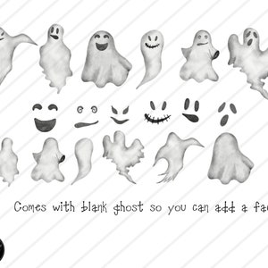 May include: A set of 10 black and white watercolor ghost illustrations. The ghosts have different facial expressions, including happy, surprised, and scared. There is also a blank ghost for adding your own face.