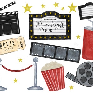 Movie Clipart, Watercolor Movie Clipart, Popcorn Clipart, Theater Clipart, Movie Night Clipart, Soda clipart, Movie Ticket clipart