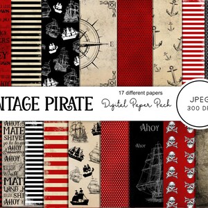 Papel digital pirata, fondo digital pirata, álbum de recortes pirata, pirata vintage, decoraciones pirata, papel de mapa vintage, impresiones pirata