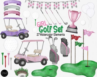 Puede incluir: Un conjunto de 27 ilustraciones de acuarela con temática de golf, que incluye carritos de golf, palos de golf, pelotas de golf, banderas, un trofeo y una bolsa de golf. El texto "Girl Golf Set" está incluido en la imagen.