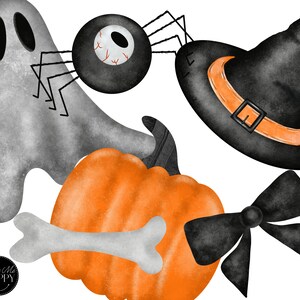 May include: A set of Halloween themed digital clipart featuring a black and white ghost, a black spider with a large eye, a black witch's hat with an orange band, a black bow, and an orange pumpkin with a white bone.