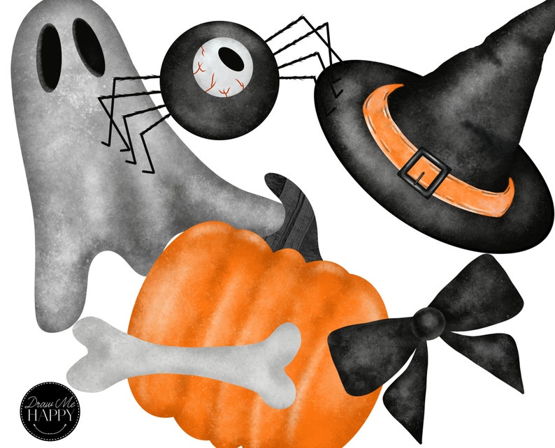 May include: A set of Halloween themed digital clipart featuring a black and white ghost, a black spider with a large eye, a black witch's hat with an orange band, a black bow, and an orange pumpkin with a white bone.
