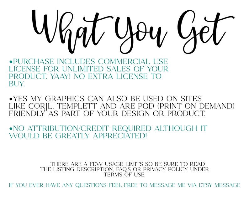 May include: Text graphic with the words "What You Get" in a black cursive font. The text below explains that the purchase includes a commercial use license for unlimited sales of the product. It also states that the graphics can be used on sites like Corjl and Templett and are print-on-demand friendly. The text concludes by stating that no attribution or credit is required, although it would be greatly appreciated.