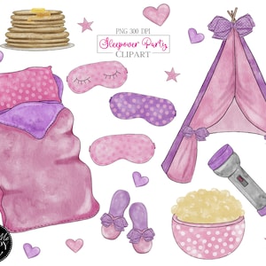 Slaapfeestje clipart, logeerpartijtje clipart, pyjamafeest set, camping clipart, logeertent, verjaardag clipart, logeerpartij, meisjesfeest
