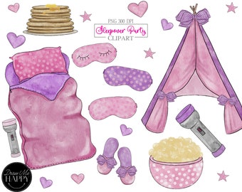 Slumber Party Clipart, Sleepover Clipart, Pajama Party Set, Camping Clipart, Sleepover Tent, Birthday Clipart, Sleepover Party, Girls Party